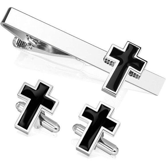 Cross Tie Clip with Cuff Links Set Stainless Steel with Black Cross - Picture 1 of 5